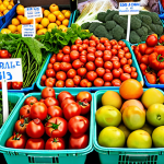 A vibrant German Wochenmarkt (farmers market) bursting with fresh, colorful, locally grown fruits and vegetables. Focus on seasonal produce like ripe red tomatoes, leafy greens, and other in-season items, highlighting the connection between the farmer and the consumer.