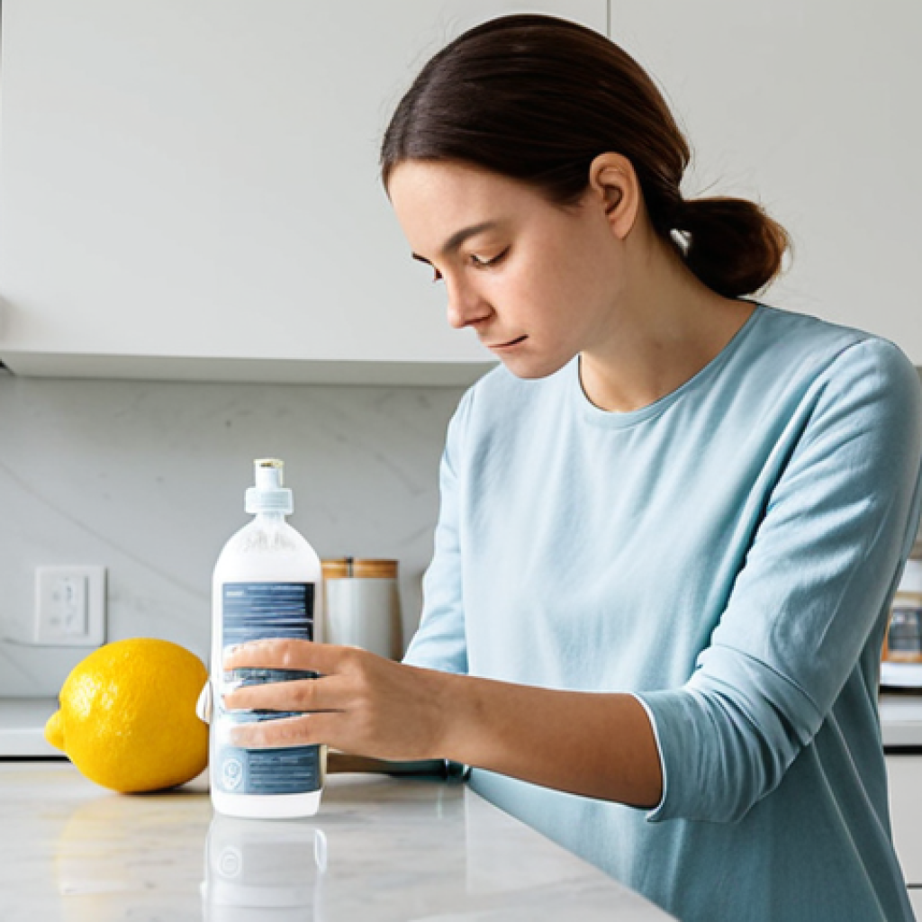 A thoughtful individual, fully clothed in modest, comfortable attire, stands in a brightly lit, modern kitchen. They are carefully reading the ingredient label on a bottle of conventional household cleaner, their expression showing a quiet realization or slight concern about the contents. On the clean, minimalist countertop, natural cleaning alternatives such as a lemon, a box of baking soda, and a glass spray bottle are subtly visible. Professional photography, soft natural lighting, high quality, safe for work, appropriate content, fully clothed, modest, perfect anatomy, correct proportions, natural pose, well-formed hands, proper finger count, natural body proportions.