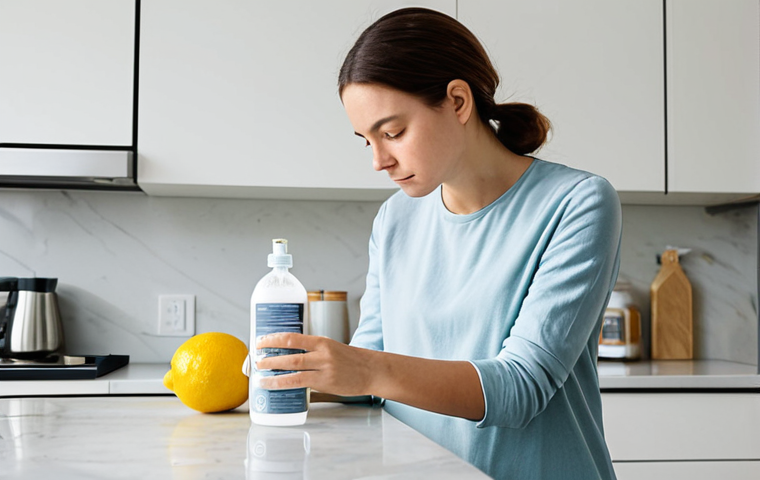 A thoughtful individual, fully clothed in modest, comfortable attire, stands in a brightly lit, modern kitchen. They are carefully reading the ingredient label on a bottle of conventional household cleaner, their expression showing a quiet realization or slight concern about the contents. On the clean, minimalist countertop, natural cleaning alternatives such as a lemon, a box of baking soda, and a glass spray bottle are subtly visible. Professional photography, soft natural lighting, high quality, safe for work, appropriate content, fully clothed, modest, perfect anatomy, correct proportions, natural pose, well-formed hands, proper finger count, natural body proportions.