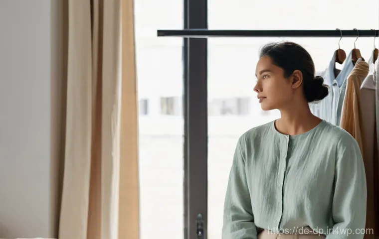생태 지혜를 통한 지속 가능한 패션 - **Prompt:** A young woman, around 30, with a thoughtful expression, meticulously organizing her spac...
