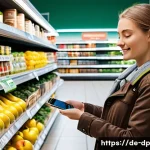 Home 22 생태 지혜 실천을 위한 앱 소개 - A modern German supermarket aisle scene focused on a shopper using a smartphone app to scan a produc...