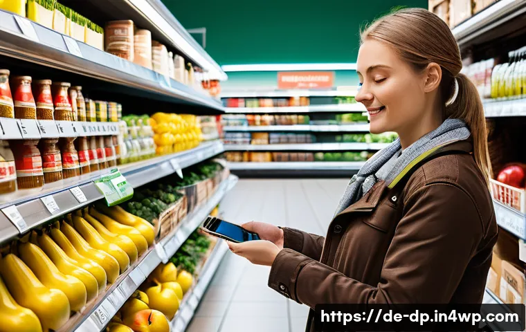 생태 지혜 실천을 위한 앱 소개 - A modern German supermarket aisle scene focused on a shopper using a smartphone app to scan a produc...