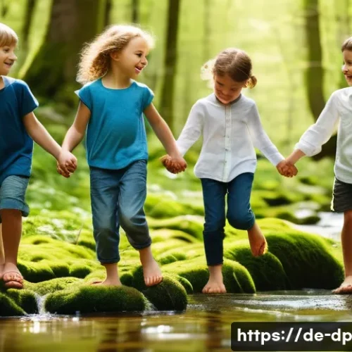 Home 33 생태 지혜와 자연 놀이의 중요성 - A diverse group of children playing barefoot in a lush German forest during spring, gently touching ...