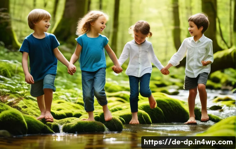 생태 지혜와 자연 놀이의 중요성 - A diverse group of children playing barefoot in a lush German forest during spring, gently touching ...