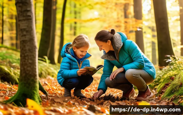 가족과 함께하는 생태 지혜 프로젝트 - A joyful family with parents and children aged 3 to 12 on a forest walk in a lush German woodland du...