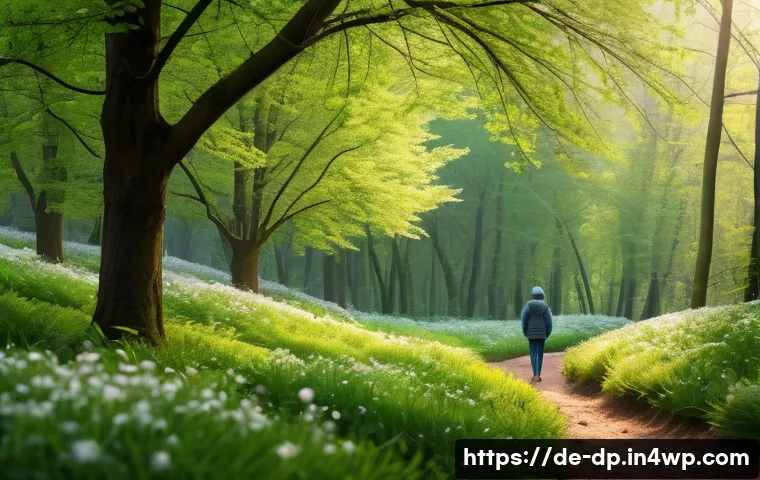 생태 지혜를 통한 정서적 안정 찾기 - A serene spring forest scene capturing the gradual blooming of buds on various trees and plants, sof...