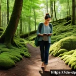 Home 18 생태 지혜와 자아 발견 여행 - A serene forest scene capturing a barefoot adult walking thoughtfully on a soft, moss-covered path s...