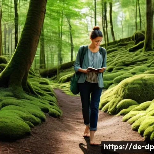Home 30 생태 지혜와 자아 발견 여행 - A serene forest scene capturing a barefoot adult walking thoughtfully on a soft, moss-covered path s...