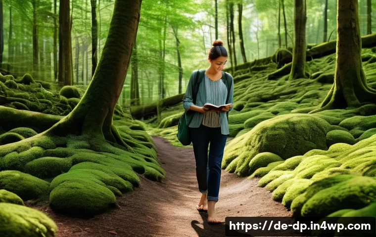 생태 지혜와 자아 발견 여행 - A serene forest scene capturing a barefoot adult walking thoughtfully on a soft, moss-covered path s...