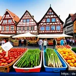 Home 23 생태 지혜 생활 통합법 실천 방법 - A vibrant German farmers’ market scene in spring, showcasing colorful stalls filled with fresh, seas...