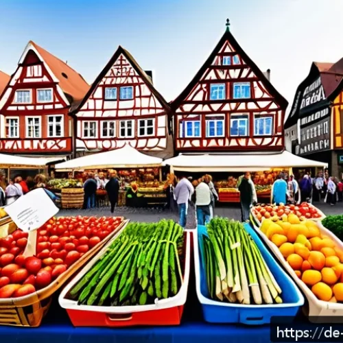 Home 17 생태 지혜 생활 통합법 실천 방법 - A vibrant German farmers’ market scene in spring, showcasing colorful stalls filled with fresh, seas...