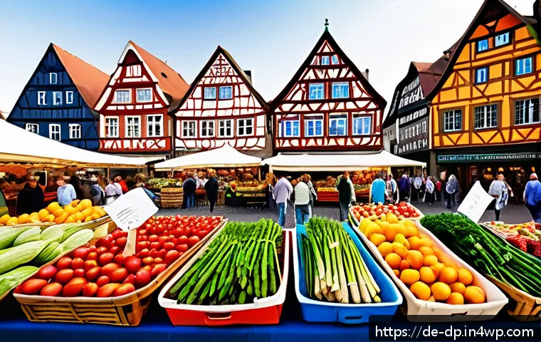 생태 지혜 생활 통합법 실천 방법 - A vibrant German farmers&rsquo; market scene in spring, showcasing colorful stalls filled with fresh, seas...