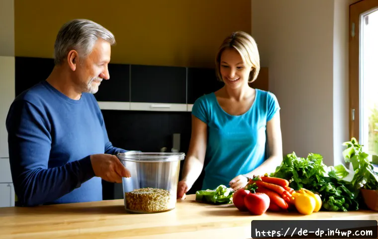 생태 지혜 생활의 장점 - Photorealistic bright German kitchen in a modest eco-conscious home, middle-aged couple sorting vege...