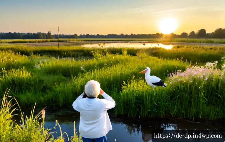 생태 지혜와 생물 다양성 보호 - Photorealistic sunrise in a protected German wetland meadow, an older female ecologist in practical ...